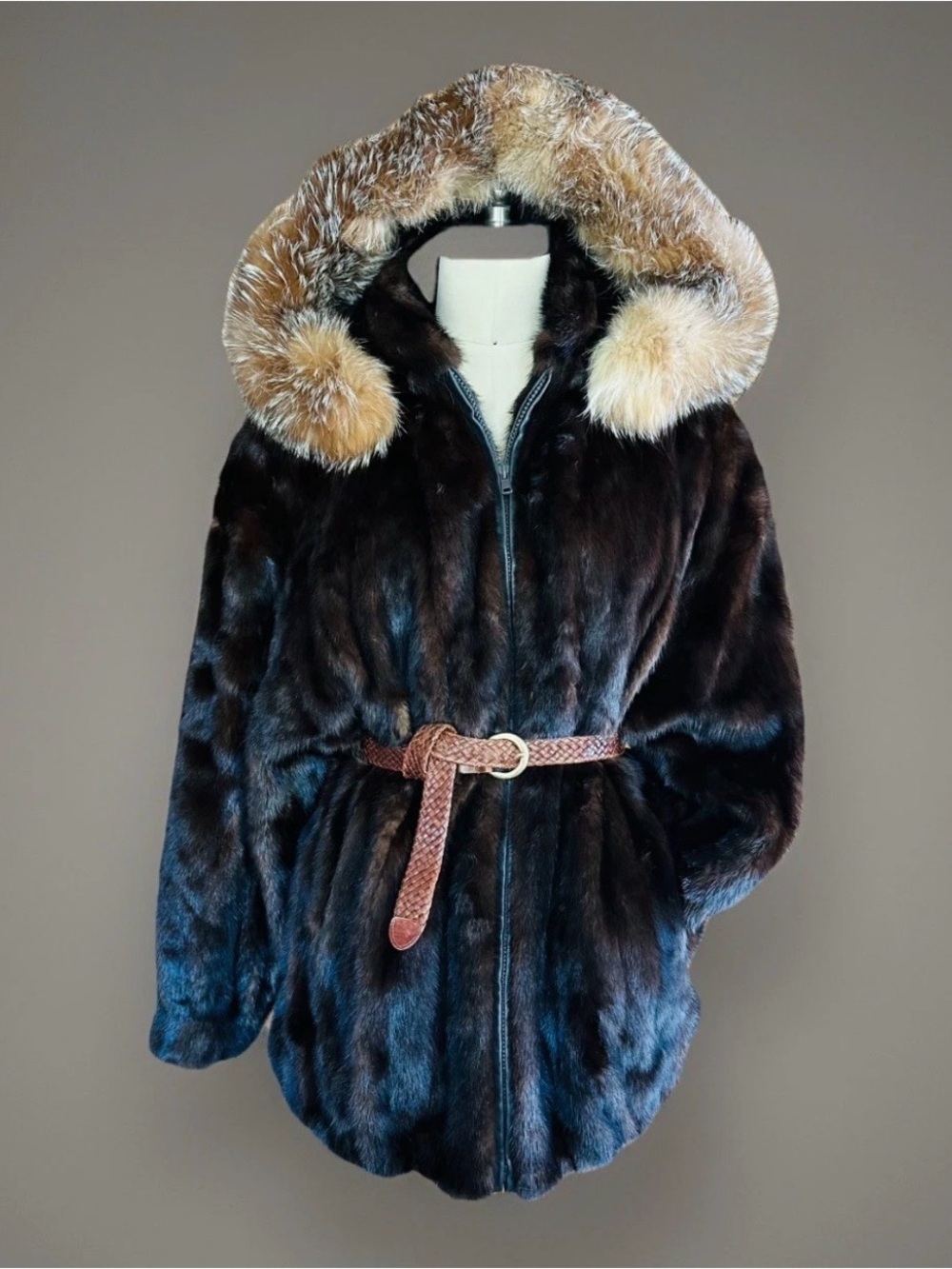 STUNNING Hooded MAHOGANY MINK & CRYSTAL FOX FUR Coat LUXURY Jacket Not Lynx EUC